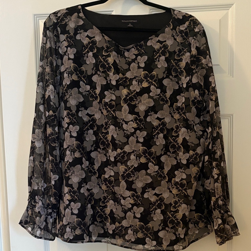 Banana Republic Black and Green Floral Blouse